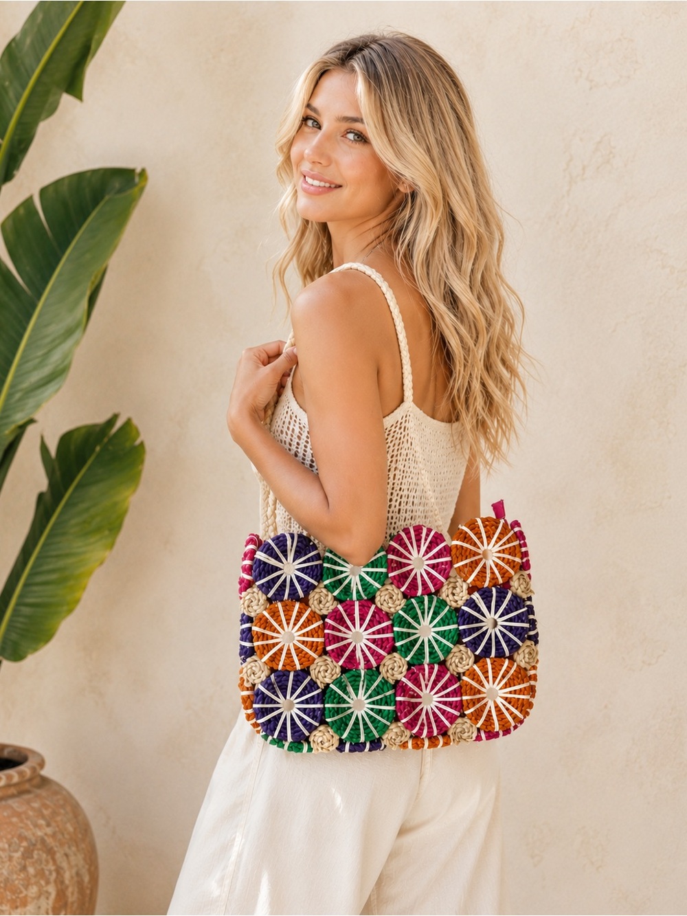 ✨NWT Woven Multicolor Accent Tote Bag